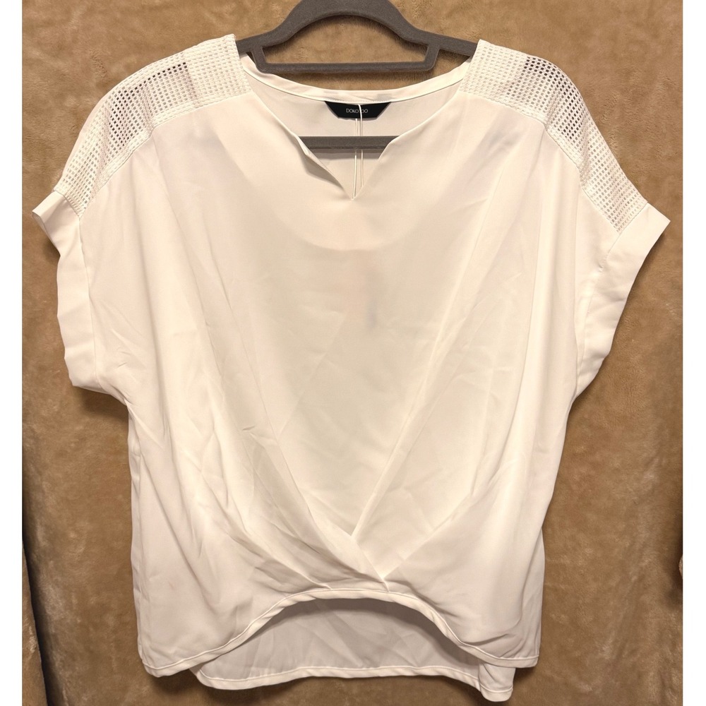 DOKOTOO Womens White V Neck Twisted Front Mesh Sleeve Top Blouse Shirt L